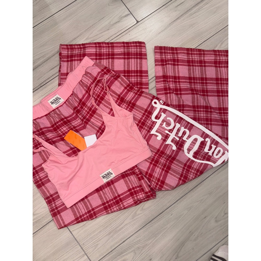 Von Dutch Originals Pink Red Plaid Pajama Set Bralette Wide Leg Pants Large NWT